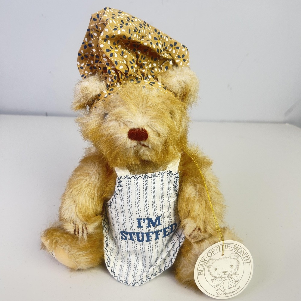 Vintage Gorham Bear Of Month Ned Novembear Plush 11" Brown Washable Chef Apron